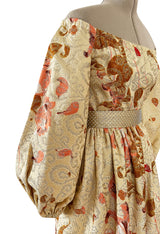 Gorgeous 1969-70 Bill Blass Gold Metallic Off Shoulder Dress w Full Sleeves & Skirt