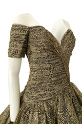 c.1984 Vicky Tiel Couture Metallic Gold & Black Lace Pouf Skirt Mini Dress