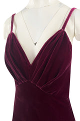 Stunning 1930s Deep Jewel Toned Merlot Bias Cut Silk Velvet Halter Dress w Low Back