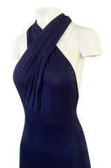 Important 1977 Halston Couture Navy Multi-Way Silk Jersey Plunge Dress w Extra Long Ties