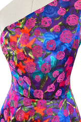 Prettiest 1970s Bergdorf Goodman One Shoulder Silk Brocade Woven Pink Rose Dress