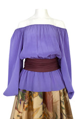 Fall 1977 Bill Blass Printed Silk Taffeta Skirt & Off Shoulder Purple Silk Top Dress Set