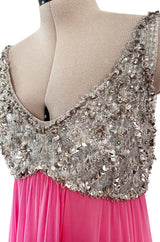 Late 1960s Fred Perlberg by Roger Millet Pink Silk Chiffon Dress w Silver Beaded Bodice