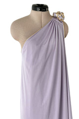 1981 Bill Tice Lilac One Shoulder Jersey Dress w Gold Lame Flower Detailing