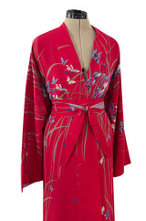 Gorgeous 1970s Hanae Mori Red Silk Kimono Caftan Dress w Sash & Beautiful Butterfly Print