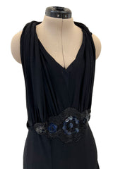 Avant Garde 1930s Black Moss Crepe Draped Halter Back Dress w Sequin Detailing