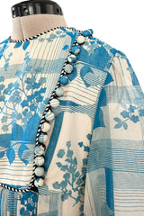Prettiest 1960s Jean Varon Blue Floral Print Dress w Elaborate Pleating Detail
