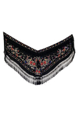 Antique 1920s Embroidered Silk Fringe Curved Cape or Shawl w Tassel Detailing
