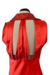 Gorgeous 1930s Coral Red Bias Cut Dress w Back Cut Outs & Matching Beaded Jacket