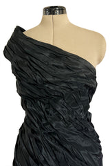 1980s Antony Price Hand Gathered One Shoulder Black Taffeta Dress