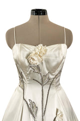 Gorgeous 1950s Emma Domb Ivory Matte Satin Dress w Sequin & 3D Flower Detailing