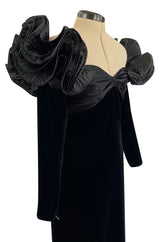 Dramatic 1980s Nina Ricci Black 'Garda' Velvet Dress w Pleated Silk Taffeta Ruffled Shoulders