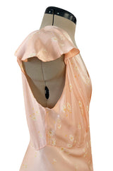 Stunning 1930s Bias Cut Soft Peach Pink Silk Lingerie Dress w Floral Daisy Print