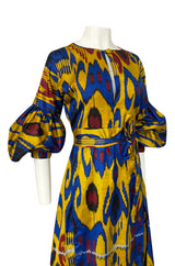 Recent Zazi Handmade Vintage Ikat Silk Blue & Gold Caftan Dress