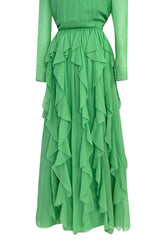 Spring 1981 Bill Blass Pastel Green Silk Chiffon Dress w Elaborate Vertically Set Ruffled Skirt