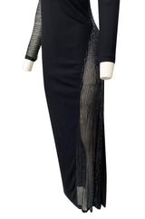 Fall 1997 Halston Black Bias Cut Jersey Dress w Transparent Beaded Net Panel