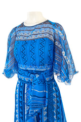 1980s Zandra Rhodes Hand Painted Silver on Blue Silk Caftan Dress w Wrap Belt & Matching Scarf