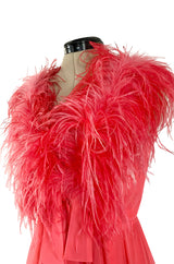 1970s Jack Bryan Bright Coral Pink Chiffon Dress w Feather Detailed Bodice