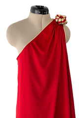1981 Bill Tice Red One Shoulder Jersey Dress w Gold Lame Flower Detailing