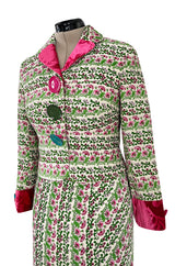 Fall 2005 Kenzo Defile Printed Pink & Green Floral Velvet Suit w Contrasting Lining
