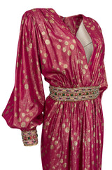 1980s Adele Simpson Pink & Gold Metallic Lame Beaded Dress w Beading