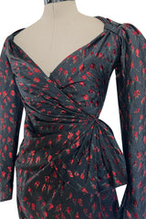2019 Attico Micro Mini Red Metallic Rose Print Wrap Dress w Pouf Sleeves