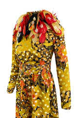 Famous 1971 Bill Blass Vogue Featured Yellow Chenille & Silk Maxi Dress w Elaborate Feather Collar