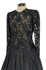 1980s Ady Couture Lausanne Black Lace & Sequin Black Dress w Dropped Full Skirt