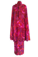 1972 La Mendola Silk Jersey Dress w Skirt Chiffon Skirt in the 'Paridiso' Peacock Feather Print