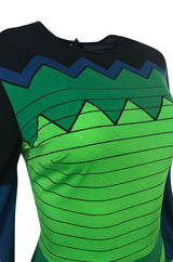 1970s Louis Feraud Turquoise & Green Printed Jersey Maxi Dress