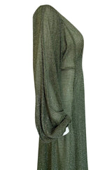 1970s Ossie Clark Metallic Green & Silver Lurex Knit Lame Plunge Dress