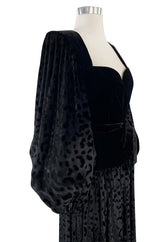 Fall 1986 Yves Saint Laurent Runway Black Patterned Velvet Dress w Sweetheart Neckline