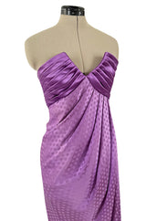 Fall 1985 Emanuel Ungaro Runway Structured Bodice Strapless Dress Made from a Dotted Purple Silk