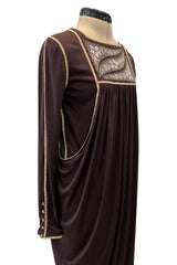 Museum Held 1970s Bill Gibb Deep Brown Liquid Jersey Dress w Metal Buttons & Extensive Beading