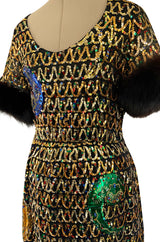 Late 1960s Oscar De La Renta Gold Sequin & Huge Paillettes Detailed Dress w Mink Cuffs