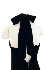 1970s Christian Dior Demi-Couture Numbered Sample Dress in Inky Black Velvet w Bow
