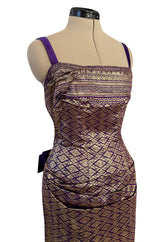 Divine 1955 Maggie Rouff Haute Couture Metallic Gold Silk Brocade Dress w Purple Silk Back Skirt