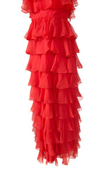 c.1977 Valentino Strapless Silk Chiffon Red Ruffle Full Length Dress
