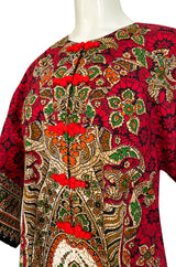 1960s Unlabeled Red Thai Print Cotton Caftan Dress w Frog Knot Detail