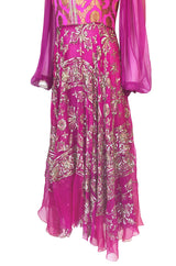 c1969 Thea Porter Couture Gold Brocade & Silver Metal Embroidered Fuchsia Dress