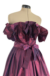 1970s Victor Costa Iridescent Deep Burgundy Purple Silk Taffeta Dress with Strapless Ruffled Neckline