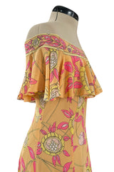 Prettiest 1960s Emilio Pucci Pink & Yellow Print on Peach Silk Chiffon Ruffled Off Shoulder Dress