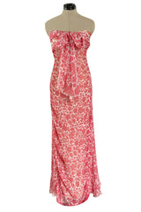 1982 Guy Laroche Haute Couture Floral Print Silk Chiffon Strapless & Caped Back Dress