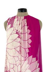 1969 Hanae Mori Chrysanthemum Print Pink Silk Twill & Silk Chiffon Dress