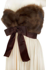 Documented 1963-64 Sarmi Ivory Silk Chiffon Dress w Strapless Natural Mink Bodice & Chocolate Silk Bow
