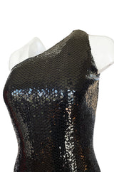 Fall 1974 Bill Blass One Shoulder Glossy Black Sequin Dress with Fringe Hem