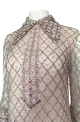 1960s Valentina Inc Pink Beaded Shift Dress w Front Collar Detailing