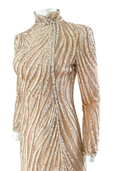 1980s Bob Mackie Ivory Sequin & Nude Stretch Net High Slit Dress