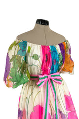 Prettiest 1970s Victoria Royal Off Shoulder Silk Gazaar Floral Print Dress w Ribbon Belt
