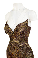 Documented Fall 1997 Thierry Mugler Gold Bronze Brocade Strapless Dress w Formed Pointed Cups